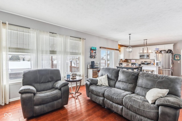 living room with a notable chandelier, dark hardwood / wood-style floors, and a textured ceiling