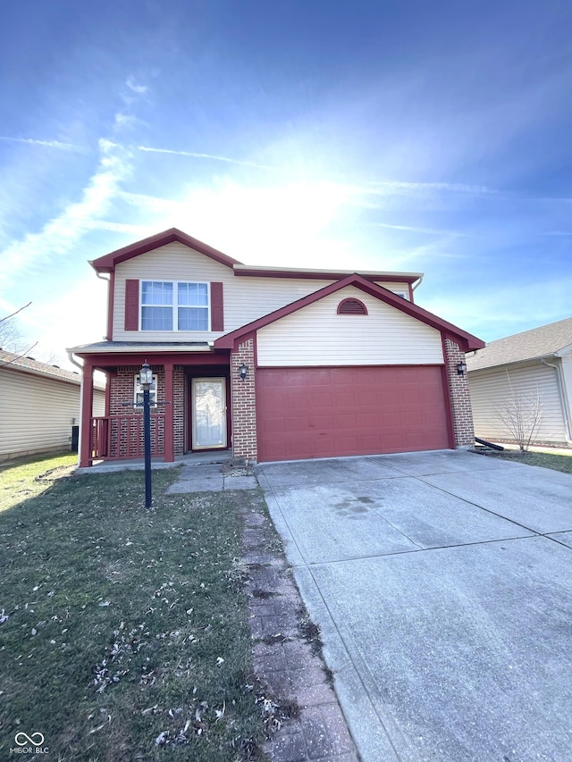 front facade with covered porch and a garage