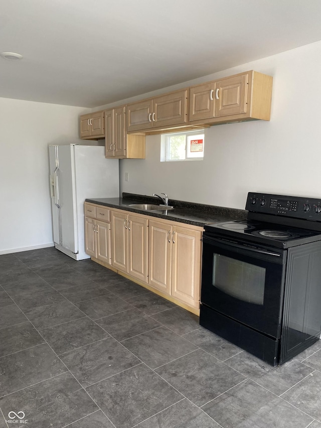 kitchen featuring sink, light brown cabinets, white fridge with ice dispenser, and black range with electric cooktop