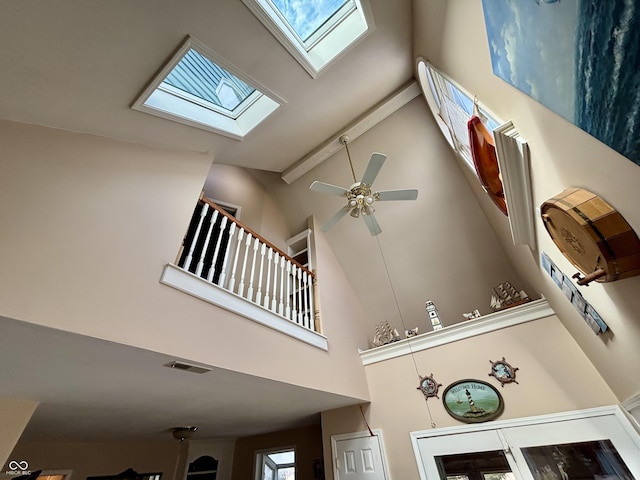 room details featuring a skylight and ceiling fan