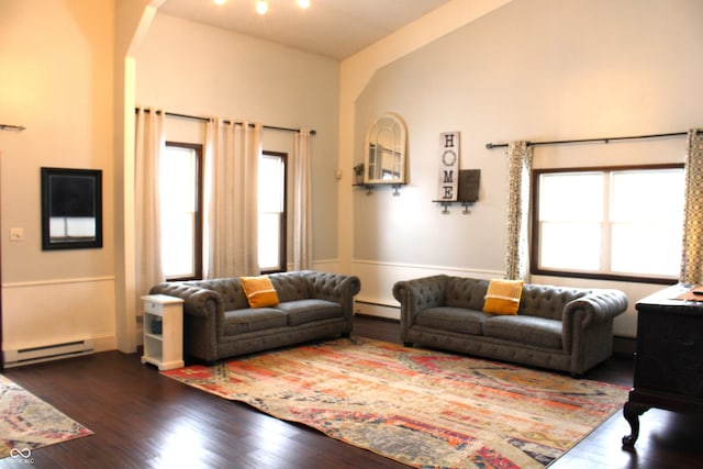 living room with dark hardwood / wood-style flooring and baseboard heating