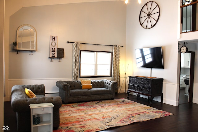 living room with lofted ceiling and dark hardwood / wood-style floors