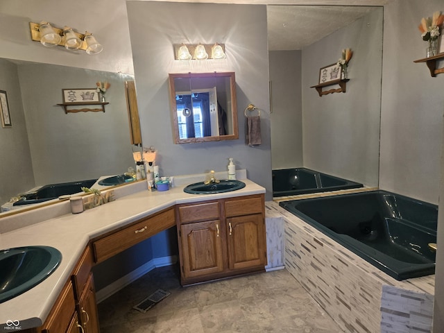 bathroom with a relaxing tiled tub and vanity