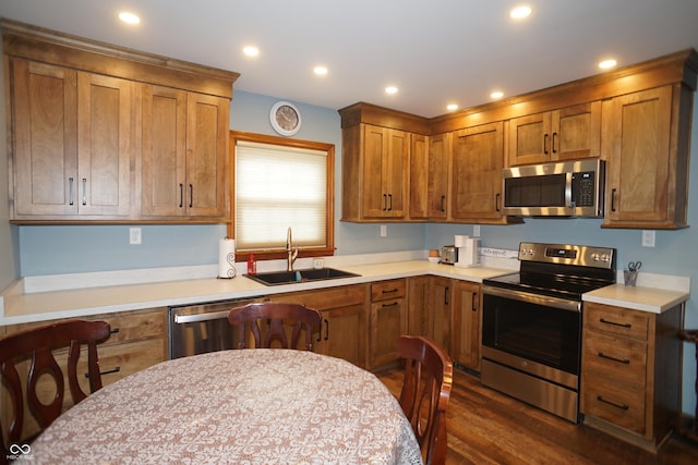 kitchen with dark hardwood / wood-style flooring, sink, and appliances with stainless steel finishes