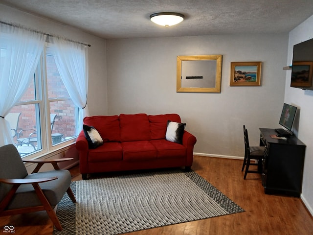 living room featuring hardwood / wood-style floors and a textured ceiling