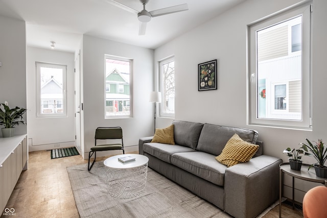 living room featuring ceiling fan