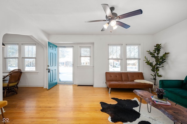 living room featuring ceiling fan, a wealth of natural light, and light hardwood / wood-style flooring