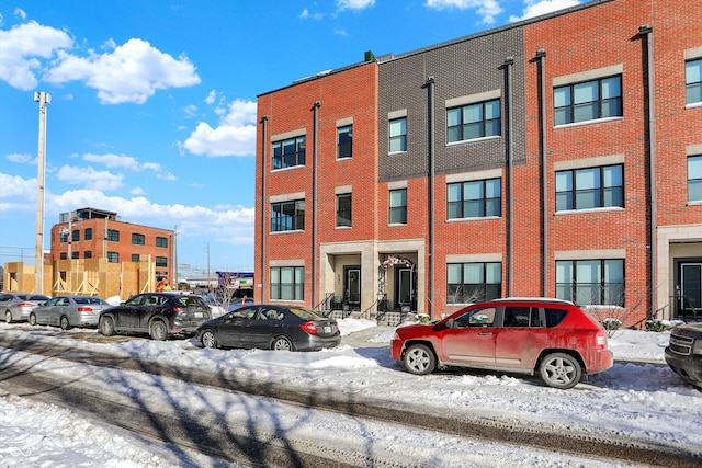 view of snow covered building