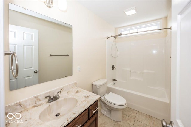 full bathroom featuring tile patterned floors, vanity, bathtub / shower combination, and toilet