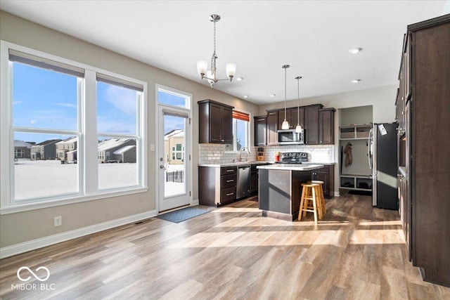 kitchen featuring stainless steel appliances, decorative backsplash, a kitchen island, pendant lighting, and dark brown cabinetry