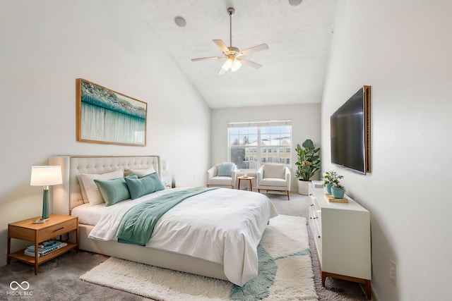 carpeted bedroom featuring ceiling fan and high vaulted ceiling