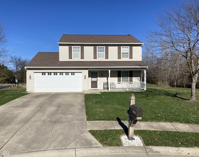 view of front of property featuring a porch, a garage, and a front yard