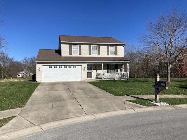 view of front facade featuring a garage, covered porch, and a front lawn