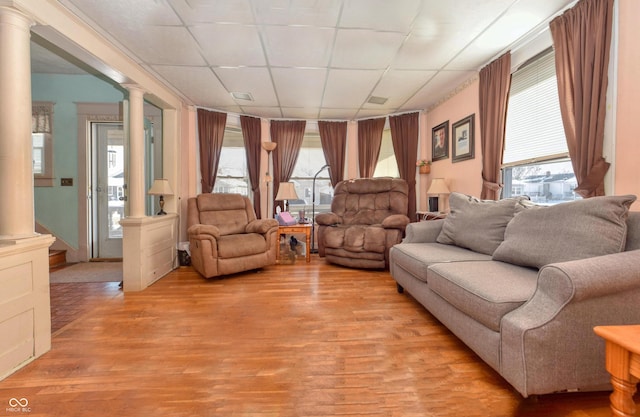 living room featuring a drop ceiling, ornate columns, and light hardwood / wood-style flooring