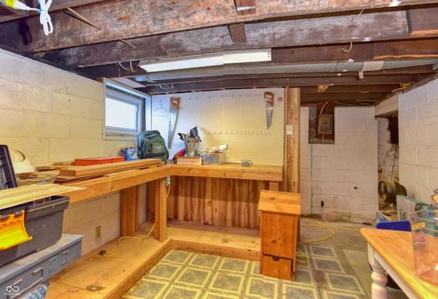 basement with a workshop area