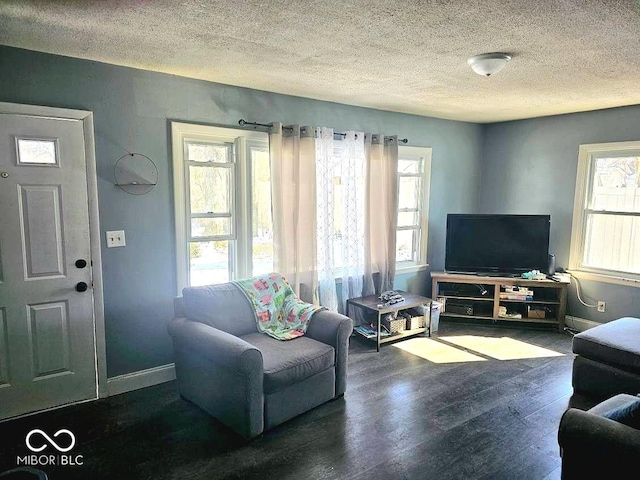 living area featuring a textured ceiling, wood finished floors, and baseboards