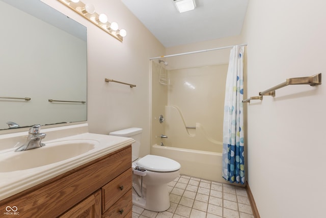 full bathroom with vanity, shower / tub combo with curtain, tile patterned flooring, and toilet