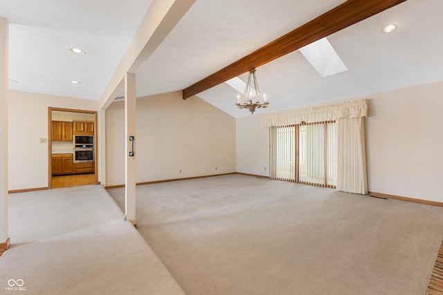 unfurnished living room with vaulted ceiling with beams, light colored carpet, and a chandelier