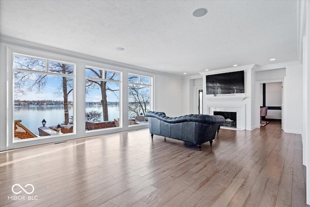 living room featuring light wood-type flooring and ornamental molding