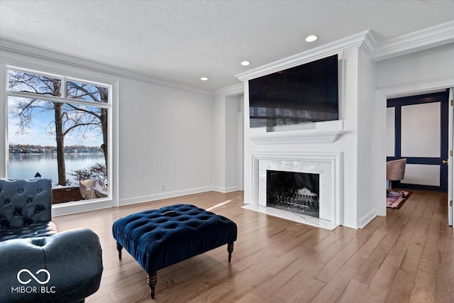 living room featuring hardwood / wood-style flooring, a water view, ornamental molding, and a premium fireplace