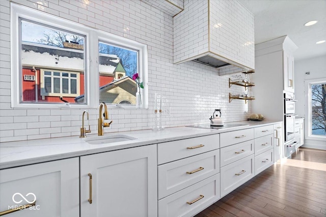 kitchen featuring light stone counters, sink, and white cabinets