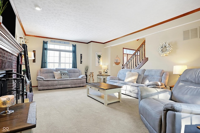 living room featuring light carpet, a textured ceiling, a brick fireplace, and ornamental molding