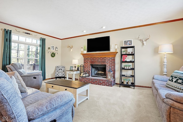 living room with a textured ceiling, a fireplace, and light carpet