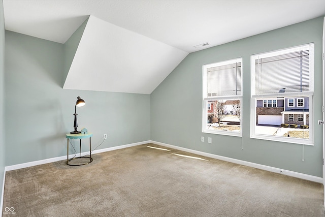 additional living space with vaulted ceiling and carpet floors