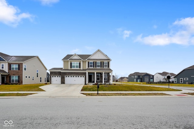 view of front facade featuring driveway, an attached garage, a front lawn, and board and batten siding