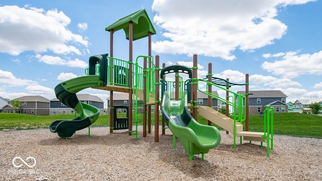 view of jungle gym with a lawn