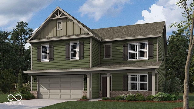 craftsman-style house featuring a garage and a front lawn