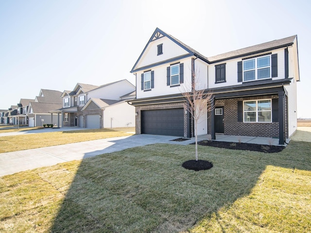 traditional-style home with brick siding, a residential view, a front yard, driveway, and an attached garage