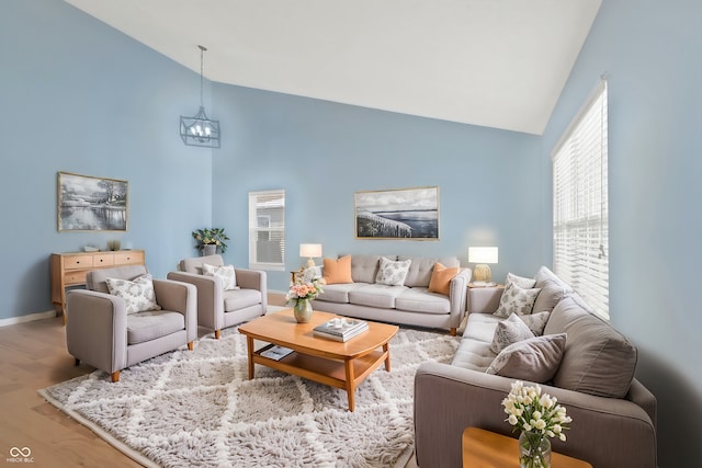 living room with wood-type flooring and high vaulted ceiling