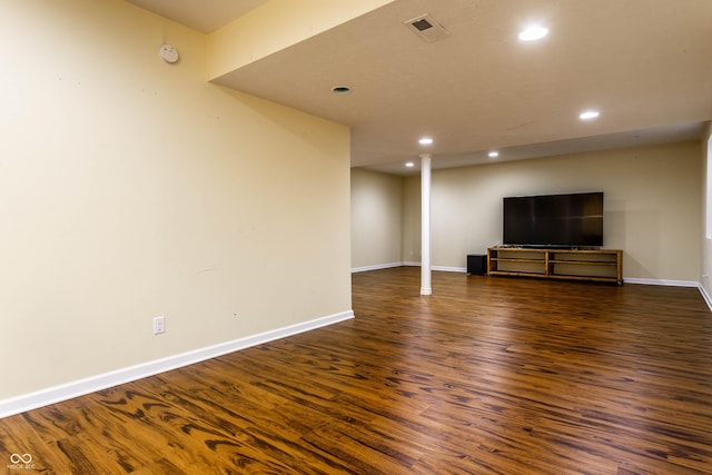 unfurnished living room featuring visible vents, recessed lighting, baseboards, and wood finished floors