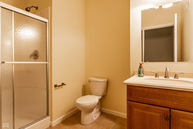 bathroom with vanity, a shower stall, toilet, and tile patterned floors