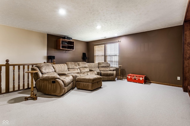 carpeted living room featuring visible vents, baseboards, and a textured ceiling