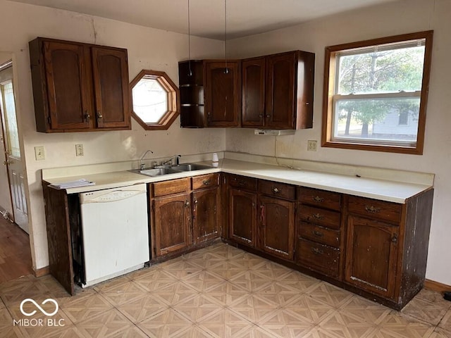 kitchen featuring dishwasher, dark brown cabinetry, and sink