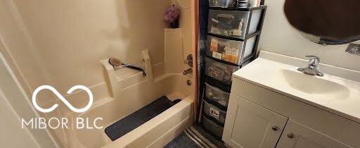 bathroom with vanity and shower / bath combination with curtain