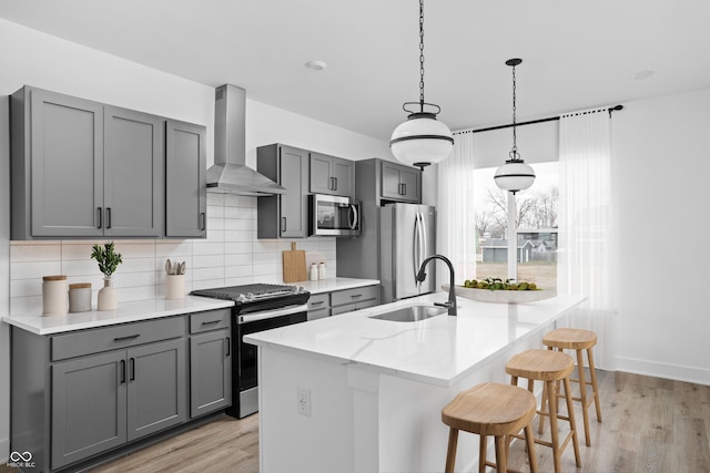 kitchen featuring gray cabinetry, sink, stainless steel appliances, wall chimney range hood, and an island with sink