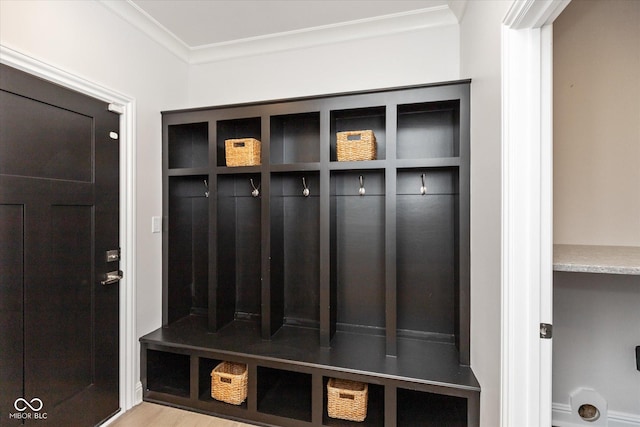 mudroom featuring light wood-type flooring and ornamental molding