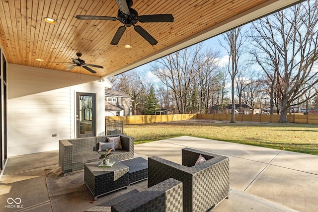 view of patio featuring ceiling fan and an outdoor hangout area