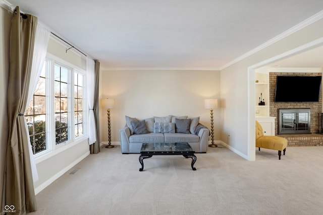 living room with light colored carpet, ornamental molding, and a fireplace