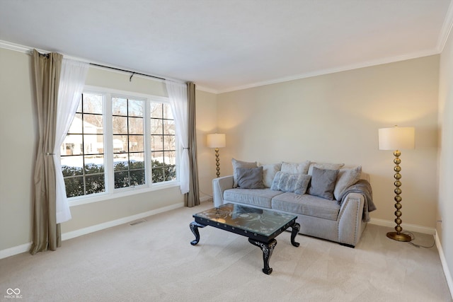 living room featuring light carpet and crown molding