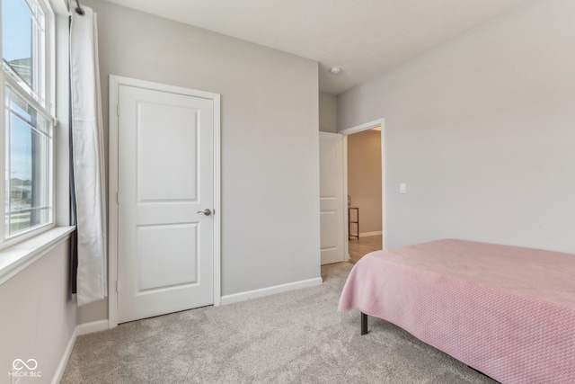 bedroom with multiple windows and light colored carpet