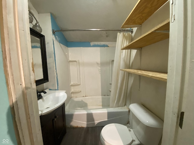 full bathroom with toilet, hardwood / wood-style floors, vanity, and shower / bath combo with shower curtain