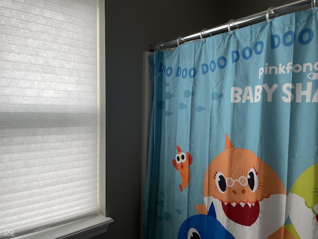 bathroom with curtained shower