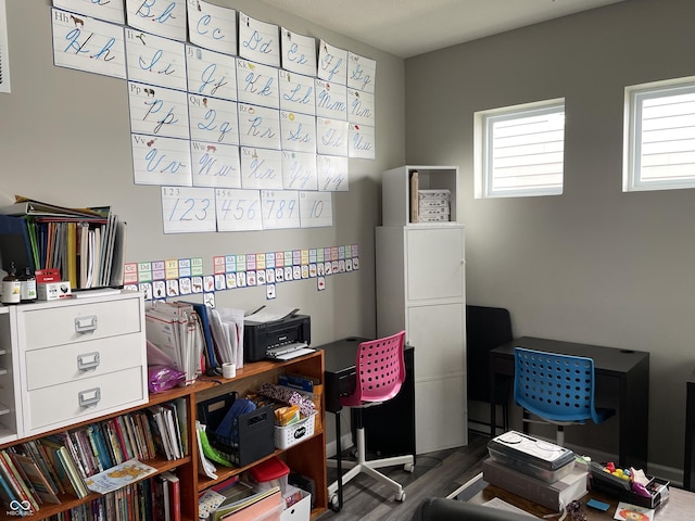 office with dark hardwood / wood-style flooring