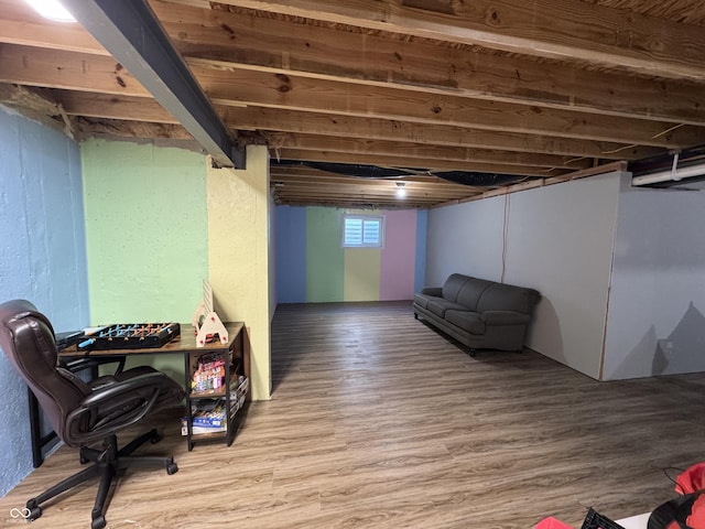 basement featuring hardwood / wood-style floors