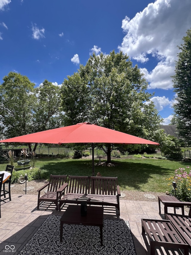 view of property's community featuring a patio and a lawn