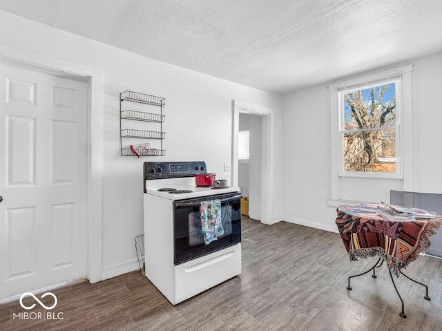 kitchen with hardwood / wood-style flooring, electric range, and a textured ceiling